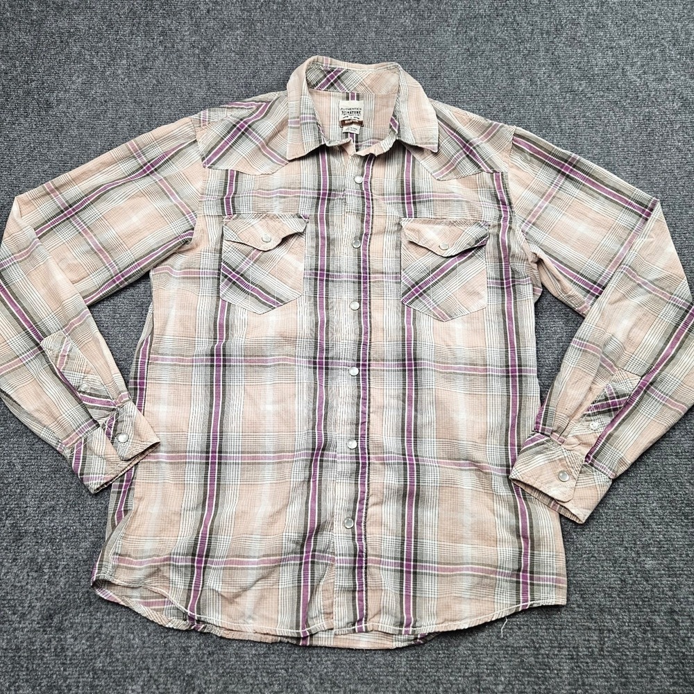 Levis‎ Western Shirt Mens Medium Tan Purple Plaid Pearl Snap Cowboy Americana